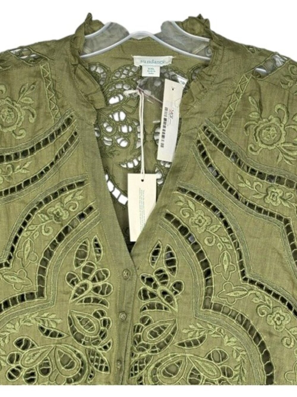 Sundance 2-Piece Embroidered Cutwork Full Sleeved Split Neck Top - XXL - Olive - Picture 3 of 12